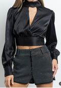 Black Satin key hole women's long sleeve top. For fall to winter 2024.