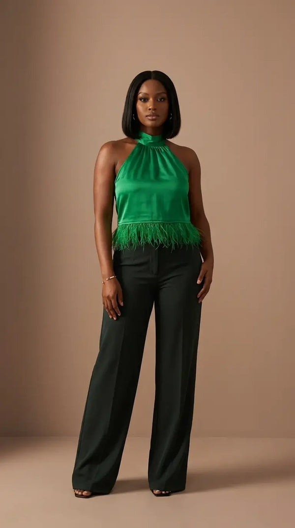 SAFFEIR Stain high neck feather top