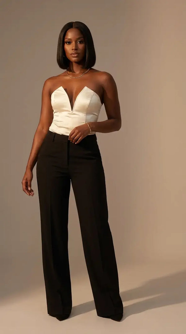 Satina Deep v sleeveless satin silk ivory bodysuit top