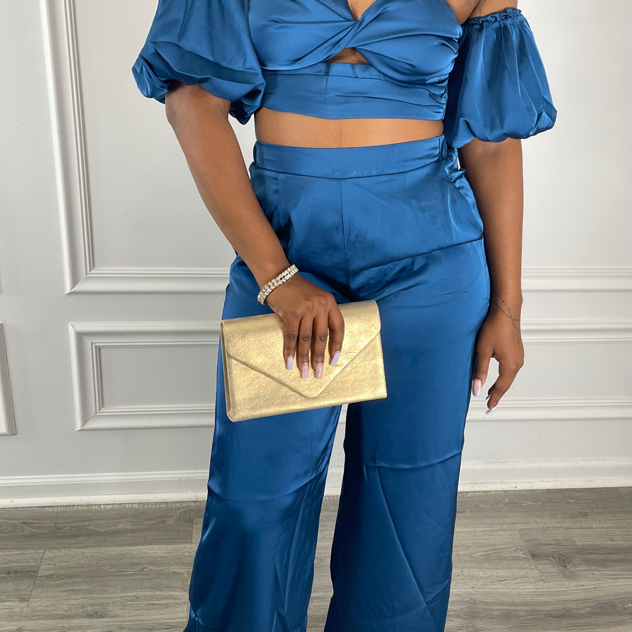 DREAMY BLU Off Shoulder Puff Sleeve Crop Top satin Bluxie Set