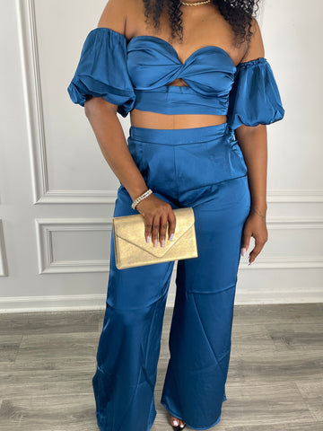 DREAMY BLU Off Shoulder Puff Sleeve Crop Top satin Bluxie Set