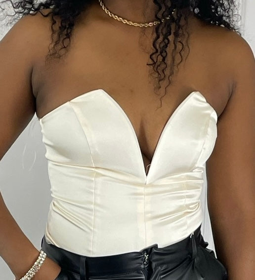 Satina Deep v sleeveless satin silk ivory bodysuit top