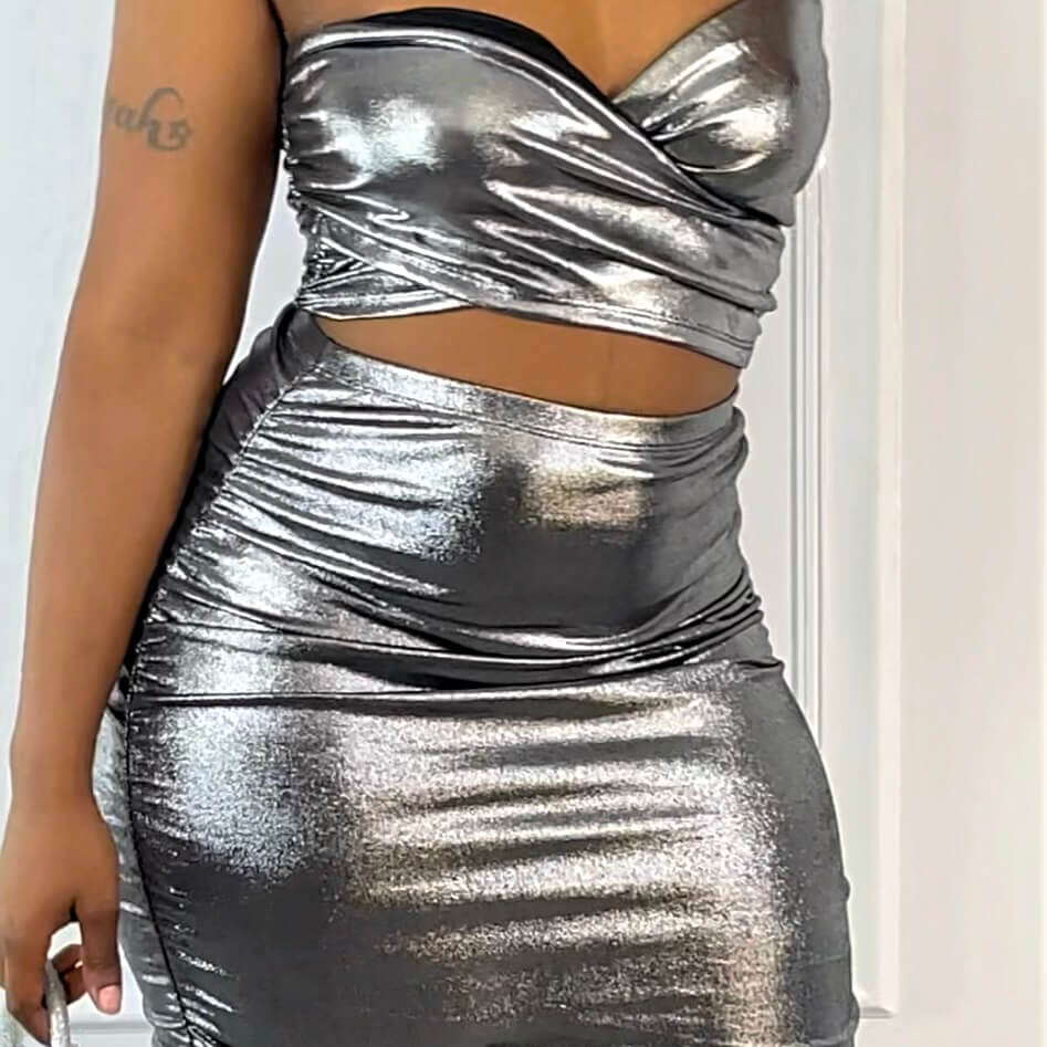 CERINA| Metallic tube two pieces skirt set