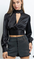 black Satin key hole women's long sleeve top. For fall to winter 2024.