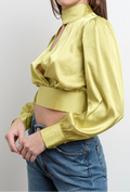 Green Satin key hole women's long sleeve top. For fall to winter 2024.