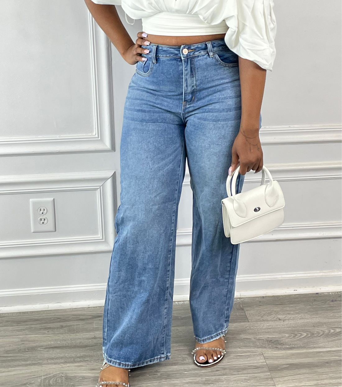 medium wash high waisted wide leg Demin jeans